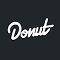 Donut logo: white cursive text on a dark blue rounded square badge, representing the brand.