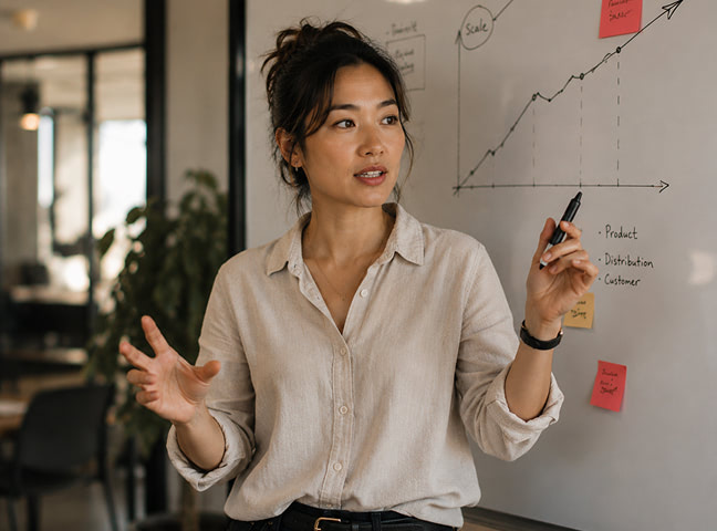 Woman presenting a line graph on a whiteboard during a business meeting, gesturing with one hand and holding a marker.